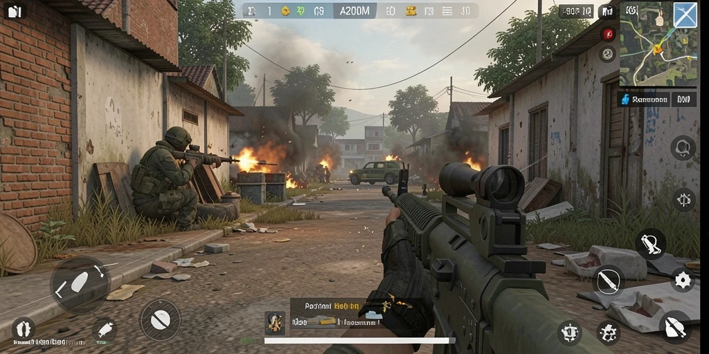 Tampilan utama gameplay A200M dengan aksi pertempuran FPS yang intens.