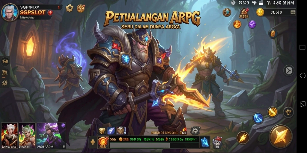 Tangkapan layar gameplay SGPSLOT menampilkan pertempuran epik di dunia fantasi.